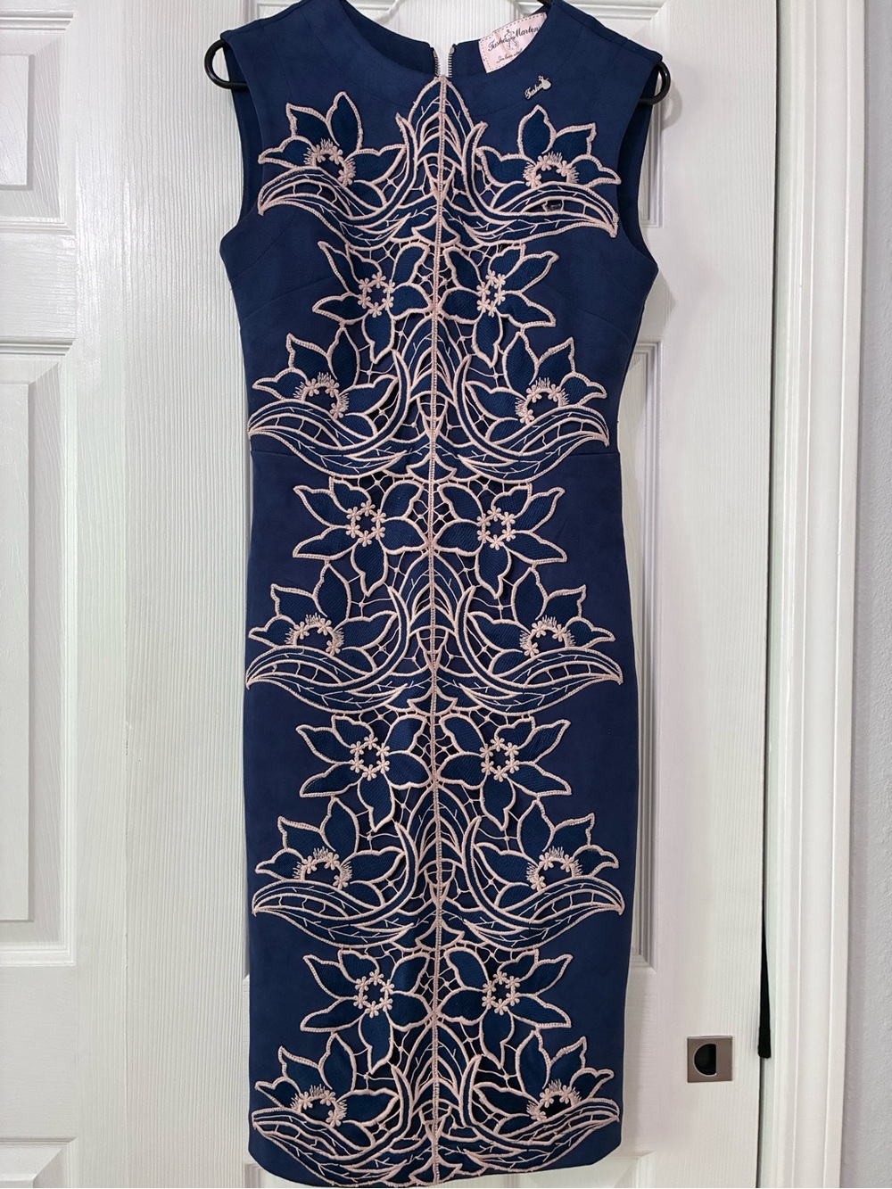 Navy Midi Dress with Blush Floral Embroidery